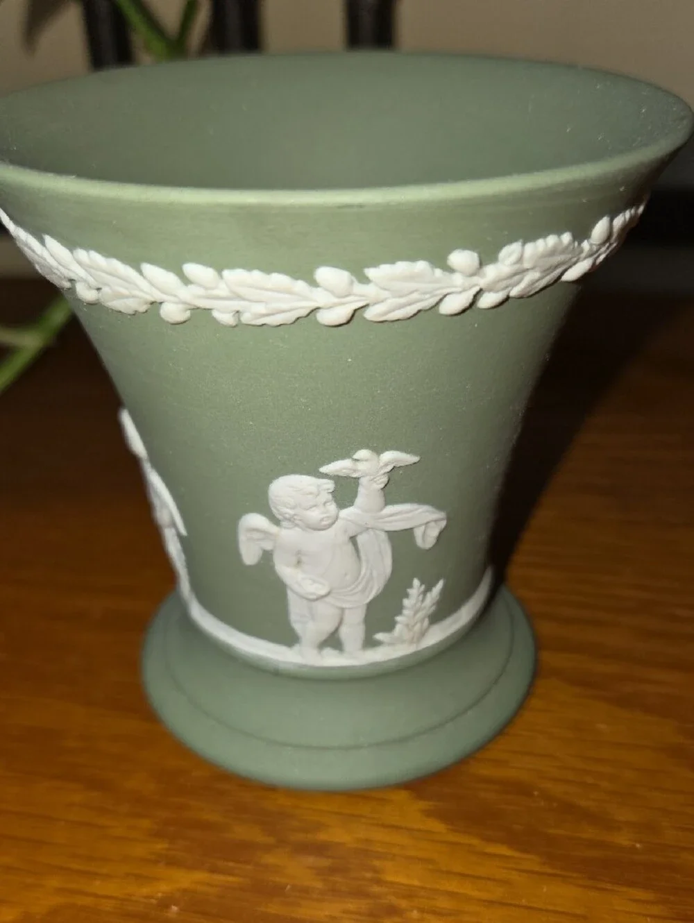 Vtg Wedgwood Green Jasperware Vase with White Classical Relief